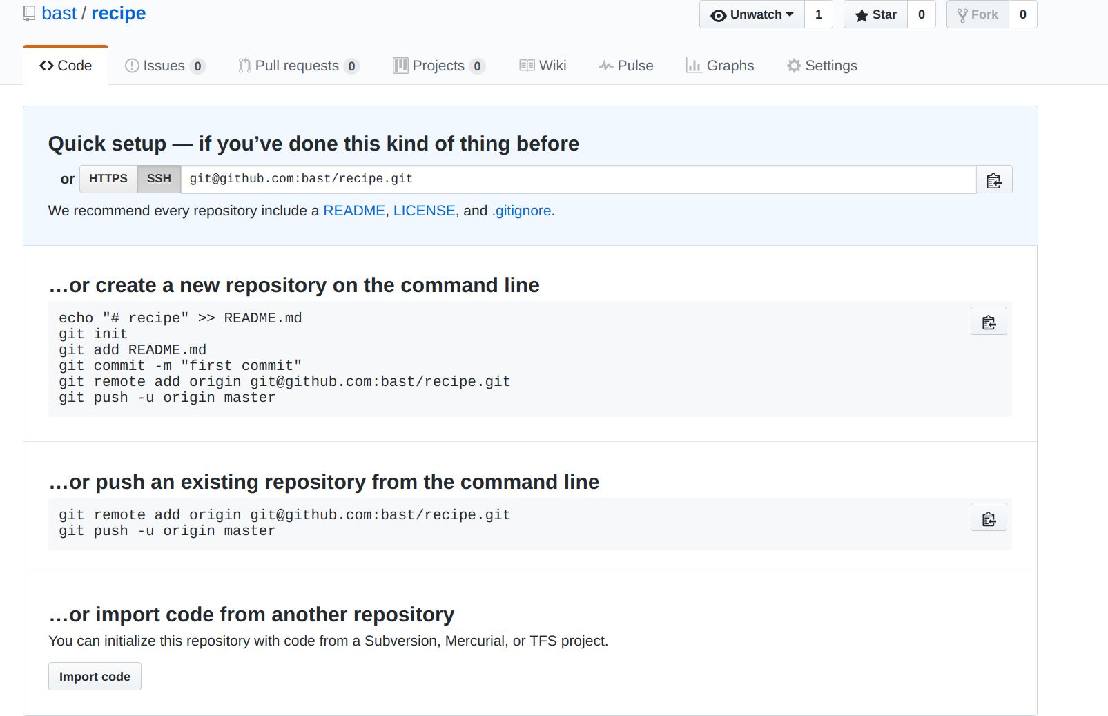 github repo setup page