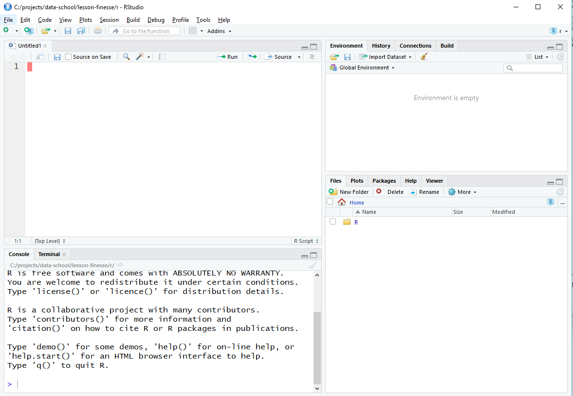 RStudio layout with .R file open